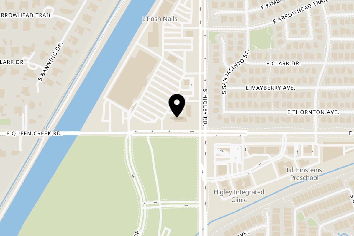 Map showing the location of Mugsy Dogs - Gilbert on 3160 E Queen Creek Rd #101 in Gilbert